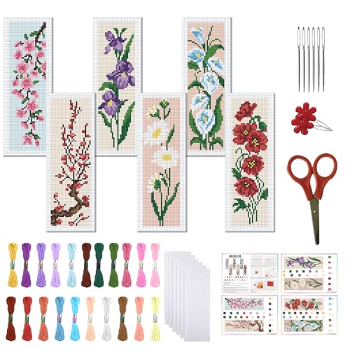FREEBLOSS 6 Set Cross Stitch Bookmark Kit 6-Colored Flowers Pattern Stamped Cross Stitch Kit 11CT Embroidery Kits with Instructions for Beginners Adult 20x6cm/8x2.4inch - style: Flower Branches 2