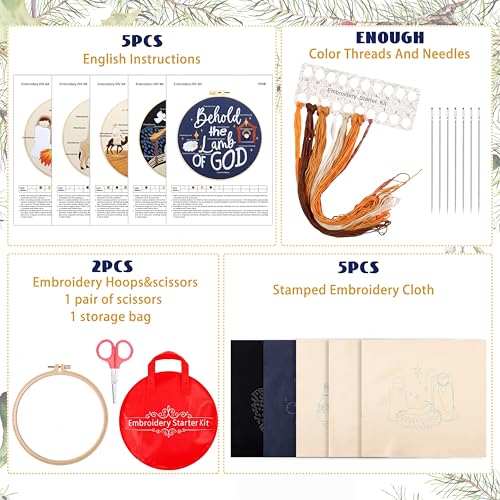 Tigeen 5 Sets Christian Nativity Scene Embroidery Kits for Starter Beginners Adult Jesus Cross Stitch Embroidery Kit Christian DIY Crafts Ornament with Instruction Hoop Needle Thread Needle Threader