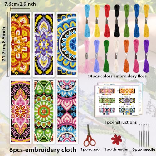 ACRNIGHEET 6PCS Cross Stitch Bookmark Kit for Beginner Mandala Stamped Cross Stitch Kits for Adults DIY Embroidery Bookmark Kits Crossstitch Kits Adult with Instructions Hand Craft Gift 11CT - style: Mandala patterns