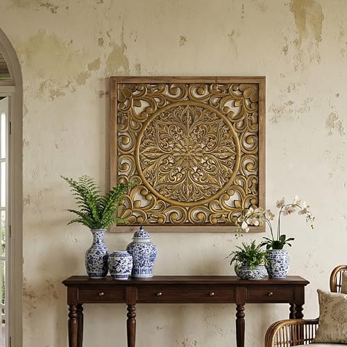 XIAOAIKA Boho Carved Wood Wall Art Panel, Floral Mandala, Distressed Gold - color: Gold