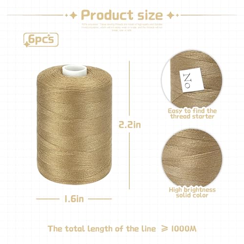 Brown Thread for Sewing, 6 Spools of 1000 Yards Polyester Quilting Thread - color: DarkBrown+Khaki