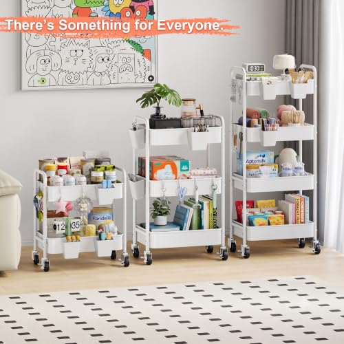 4 Tier Rolling Storage Cart Metal with Wheels, 37in Heavy Duty Roller Carts - color: Light White, size: 4 Tier + Cups + Hooks