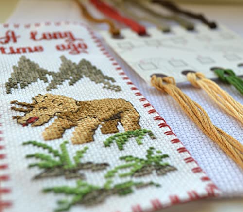 Povitrulya Dinosaur Counted Cross Stitch Kit 'Triceratops' - DIY Embroidery Book Marker Set with Paper Pattern, 16 Count Aida Canvas and Pre-Sorted Floss - color: Triceratops