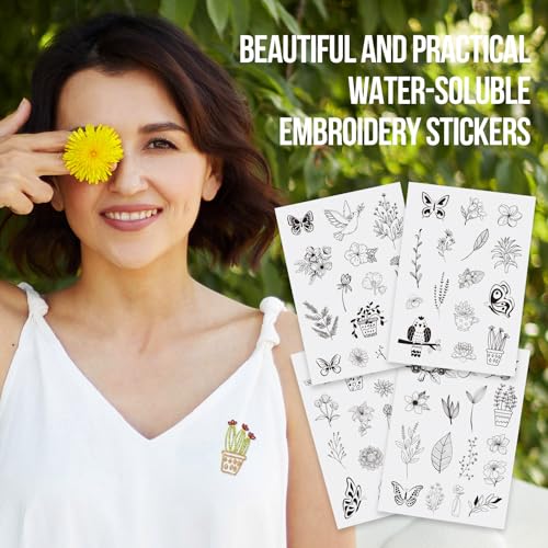 Magibeads 60 Patterns Leaf Flower Bird Insect Water Soluble Embroidery Patterns Plant Bonsai Butterfly Spring Stick and Stitch Transfer Embroidery Paper for Adult Beginners Hand Sewing Starter Kit - color: Flower & Leaf & Butterfly