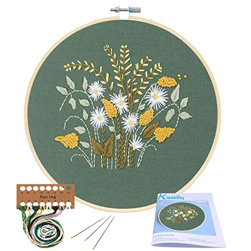 KISSBUTY Full Range of Embroidery Starter Kit with Pattern, Cross Stitch Kit Including Embroidery Fabric with Floral Pattern, Bamboo Embroidery Hoop, Color Threads and Tools Kit (Flowers Plants)