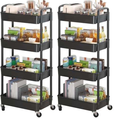 Sywhitta 4-Tier Plastic Rolling Utility Cart with Handle, Multi-Functional Storage Trolley for Office, Living Room, Kitchen, Movable Storage Organizer with Wheels, Black (Pack of 2) - color: Black, size: 4-tier (Pack of 2)