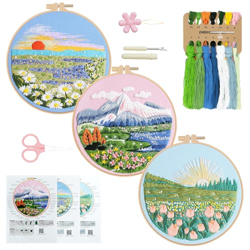 RidaaFri Embroidery Kit for Beginners, 3PC Floral Mount Sunshine Patterns