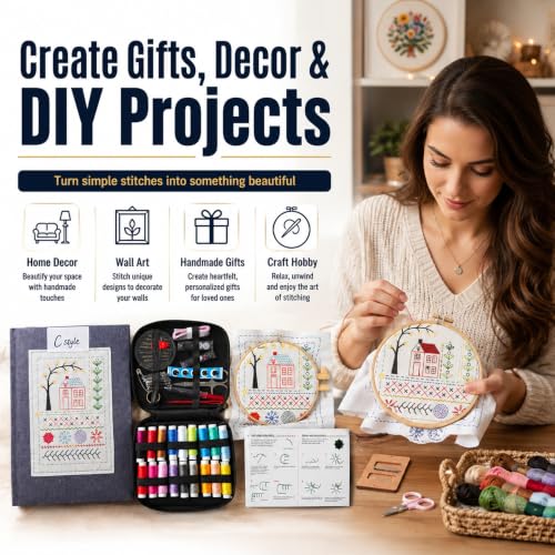 Homentry Embroidery Kit for Beginners | Gift Box with Full Set | Video Tutorial, 3pcs Hoops, 106 Patterns, 65 Water Soluble Designs, 86PCS Sewing Supplies | Starter Cross Stitch Book Kit