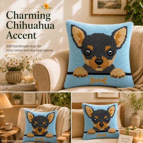 veirousa Chihuahua Puppy Latch Hook Kits for Adults Kids, Beginners DIY Throw Pillow Kit Pre-Printed Mesh Canvas Hook and Latch Rug Kits Cross-Stitch Cushion Cover for Home Sofa Decoration 17x17 in. - color: Chihuahua