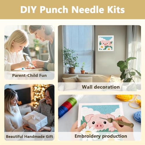 DOODLREAM Flowers Pig Punch Needle Kit for Beginner 9.4"x 9.4" - color: Pig