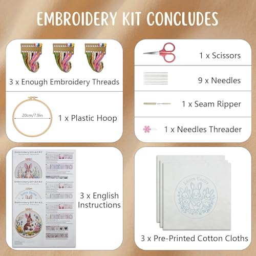Draxion Embroidery Kit for Adult Beginners, 3 Pack Hand Easter Bunny Embroidery Starter Kit, Cross Stitch Needlepoint Kits with Hoop, Threads and Instructions