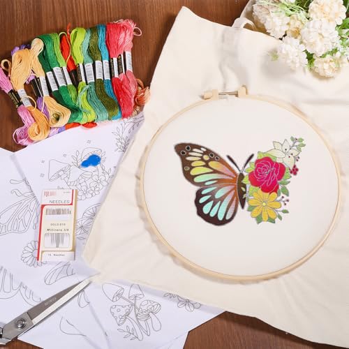 GLOBLELAND Canvas Tote Bag Embroidery Kit with 2 Pcs Storage Bag 1pc Embroidery Hoop 18 Pcs Embroidery Needles 4 Sheets Bee Butterfly Water-Soluble Embroidery Stabilizers 24 Pcs Threads