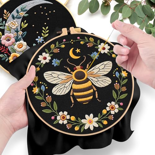 ERKOON Embroidery Kit for Beginners Adult, 2 Set Flower Cross Stitch Set Include Embroidery Cloth Hoops Threads for Craft Lover Hand Stitch with Embroidery Skill Techniques (Bee Moon) - color: Moon and Bee