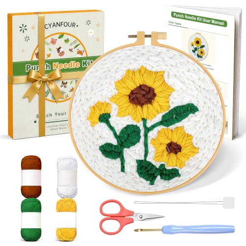 CYANFOUR Punch Needle Kit for Beginners, Sunflower Punch Needle Kits Adults, Craft Kits for Adults with 2 Pre-Printed Fabrics, Embroidery Hoop, Threads, DIY Gift and Home Decor 20 * 20cm - color: Sunflower