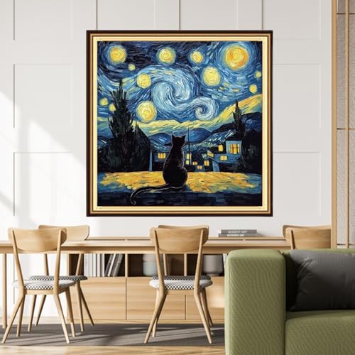 Dimensean Stamped Cross Stitch Kits Full Range of Embroidery Patterns Starter Kits for Beginners Adult DIY Cross Stitches Needlepoint Kits 11CT-Van Gogh Starry Cat 18x18 inch - color: Arts kits 25