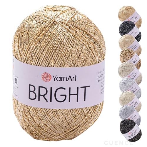 YarnArt Bright Metallic Glitter Yarn – 80% Polyamide 20% Metallic Polyester, 90g 340m, Soft Sparkle Fiber for Crochet, Lace, Summer Tops & Accessories – 4 mm Needle & Hook (236, Metallic Gold) - color: 236, Metallic Gold