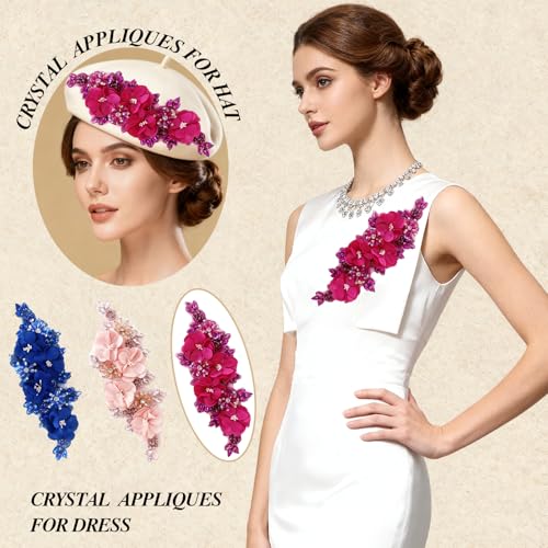 Handmade 3D Flower Embroidery Applique Rhinestone Lace Patches, Rose Red - color: Rose Red