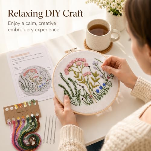 Drefund Embroidery Starter Kit for Beginners, Cross Stitch Kit Floral Pre-Stamped Pattern Kits for Adults with Hoop Embroidery Floss, Easy to Follow Needlework