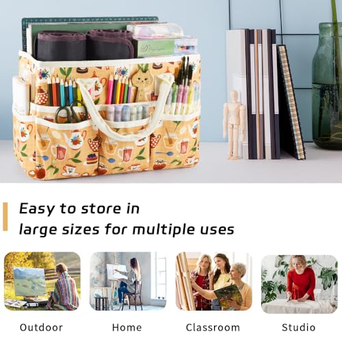 Craft Organizer Tote Bag with Multiple Pockets,Scrapbooking Art Storage - color: Yellow Teapot