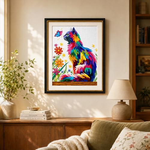 Zhenqing Playful Cat & Butterfly Cross Stitch Kit for Beginners - 11CT Printed 30x40cm Aida Cloth, Colorful Threads & Needle Included (No Hoop/Scissors) (66988) - color: Cat & Butterfly