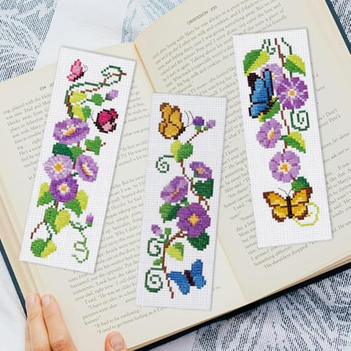 INFUNLY 6pcs Wisteria Floral Cross Stitch Bookmark Kit for Adults DIY Purple Vine Embroidery Bookmark Kits Butterfly Purple Flower Cross-Stitch Pre-Printed Bookmarks with Instructions for Book Lovers - style: Purple Flowers