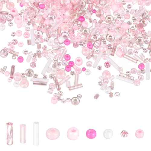 MECCANIXITY 5000 Pcs Mixed Glass Seed Beads, 1.5-6mm Mini Loose Glass Bugle Spacer Bead Embroidery Beads for DIY Craft Projects Earrings Necklaces Bracelets Jewelry Making, Pink - color: Pink