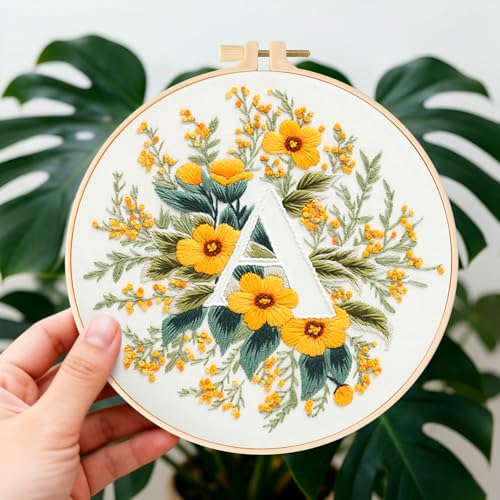Zerzsy 7.87 '' Embroidery Kits Plant Flower Leaf English Letter Patterns for Beginners Adults, Easy to Learn Cross Stitch Kit for Home Office Decor - color: Letter A