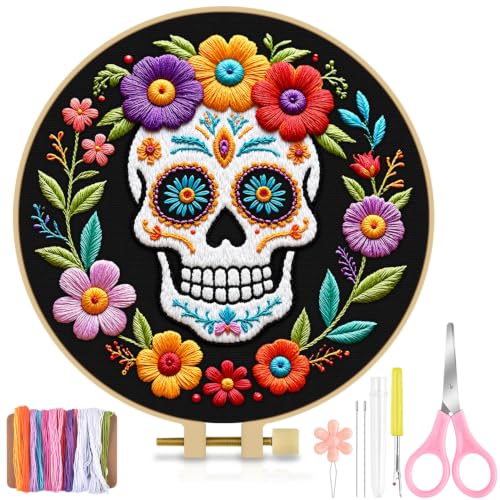 TINDTOP Embroidery Kit for Adult Beginners, Embroidery DIY Starter Kit, with Stamped Patterns, Hoop, Tools, Colorful Threads with Needles, Instructions (Skeleton B) - color: Skeleton B