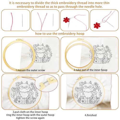 BEUNITONE 4 Set Cat and Dog Embroidery Kit for Beginenrs Hand Sewing Embroidery Kits with Cat and Dog Pattern Needlepoint Kit with Colourful Threads Needles Instructions - style: Cat Dog