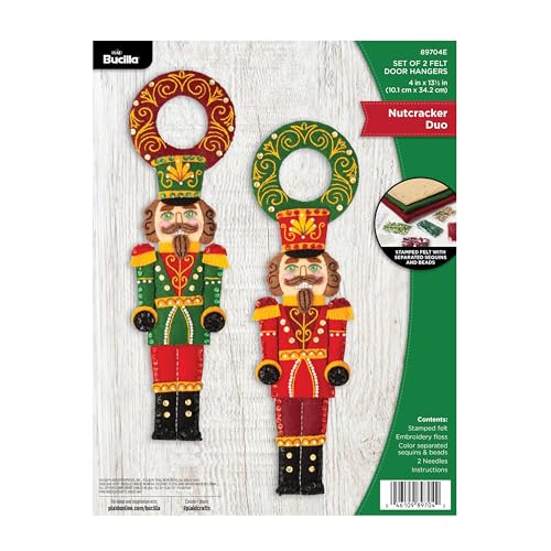 Bucilla, Felt Applique 2 Piece Door Hanger Kit, Nutcracker Duo, Perfect for Holiday DIY Arts and Crafts Projects, 89704E