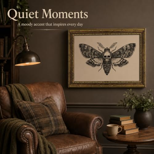 Vintage Gold Frame Skull Moth Wall Art, Gothic Canvas Painting Print for Dark Academia Decor, Moody Insect Picture for Living Room Bedroom Aesthetic, Nature Oddity Witchy Home Office Artwork 9x11 In - color: moth, size: 11"L x 9"W