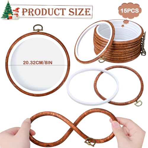 Burbell 15 Pcs 8 Inch Round Embroidery Hoops Frame Circle Spring Rubber Hoops Ring Display Cross Stitch Ornament Imitated Wood Frame Kits for Spring Gifts Mother's Day Craft Sewing DIY Hanging Gifts - size: 8 Inch