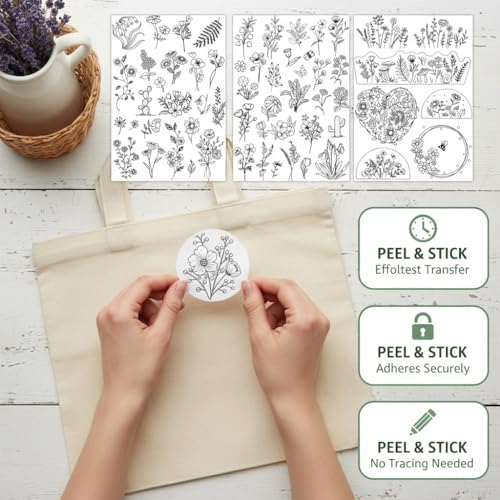 ZQmino 3 Sheets Stick & Stitch Water Soluble Floral Embroidery Patterns