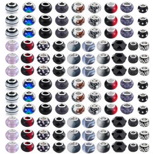 European Large Hole Spacer Charm Beads, Black, 60 Pcs 10 Style - color: Black, size: 60 Pcs 10 Style