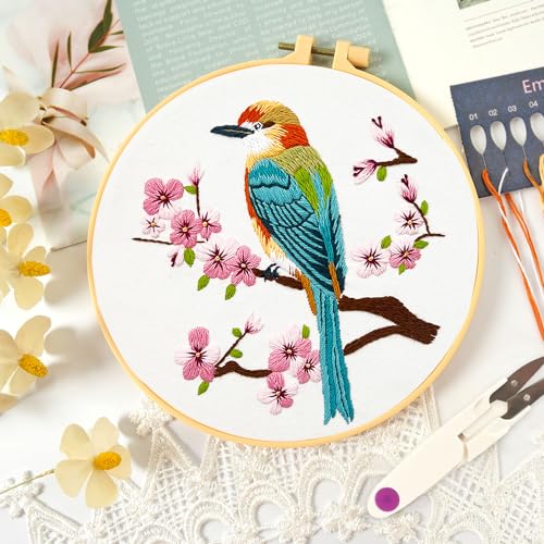 MAMUNU Embroidery Kit for Beginners Adults, Cross Stitch Kits, Stamped Cross Stitch Kits, Hummingbird and Flower Embroidery Kit with Printed Embroidery Cloth, Embroidery Hoop, Color Threads and Tools - color: Bird