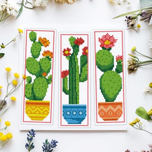 ACRNIGHEET 6PCS Cactus Cross Stitch Bookmark Kit for Beginner Stamped Cross Stitch Kits for Adults DIY Embroidery Bookmark Kits Crossstitch Kits Adult with Instructions Hand Craft Gift 11CT - style: Cactus patterns