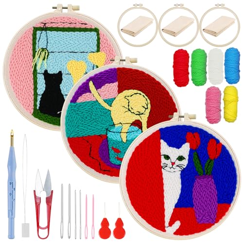 Woohome Punch Needle Kit Included Plastic Hoops, Punch Needle Cloth, Color Yarn and Punch Needle Tools for Adults, Beginners (Cat and Vase) - color: Color 23