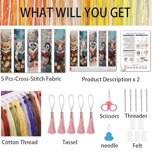VIGEGU 5 Pack Animal Cross Stitch Bookmark Kits for Adult Beginners - color: Animals reading books Cross Stitch Bookmark