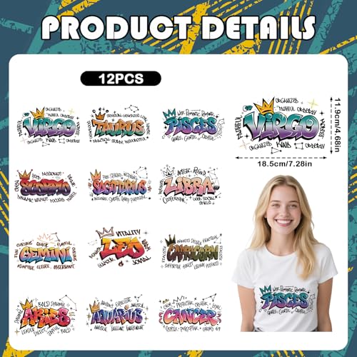 Zodiac DTF Transfers Ready to Press - 12 Sheets Star Signs‌ Iron On Transfers for T Shirts Astrological Signs Heat Transfer Iron on Patches for Clothes Bag Pillow Cover DIY - style: Zodiac Style