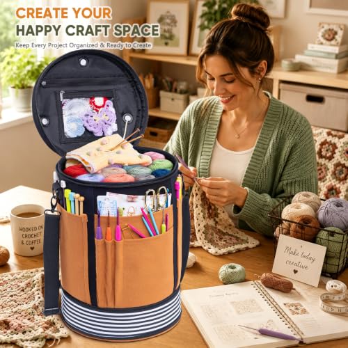 Canvas Yarn Storage Organizer with Removable Dividers, Crochet&Knitting Bag - color: Black Sand