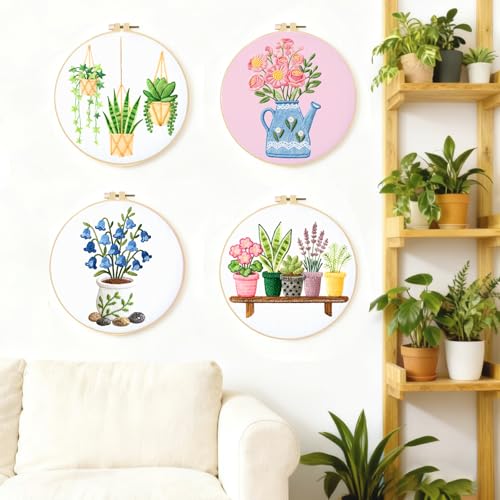 BEUNITONE 4 Set Embroidery Kit for Beginners, Vase Plants Cross Stitch Kits, Needlepoint Kits for Adults with Instructions and Full Kit, Creative Hand Embroidery Patterns for Cloth and Home Decor - style: B-Potted Plant