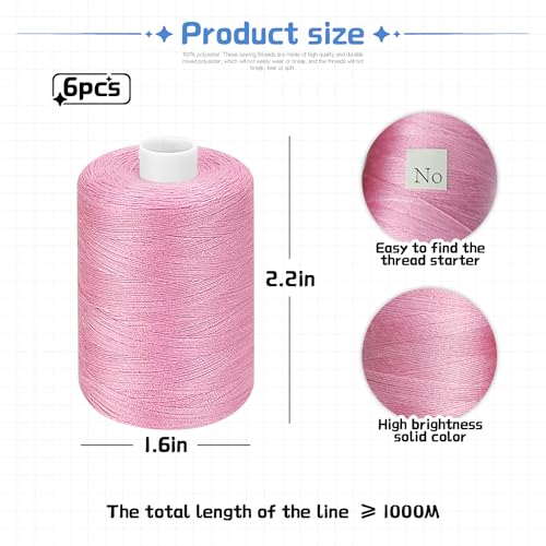 Pink Thread for Sewing, 6 Spools of 1000 Yards Polyester Quilting Thread - color: Pink+DustyPink
