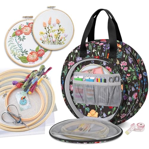 FINPAC Embroidery Project Bag, Embroidery Kits Storage Carrying Tote Bag - color: Black Floral