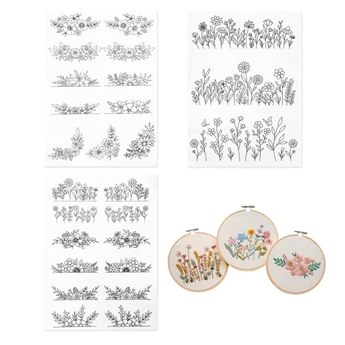 Water Soluble Embroidery Patterns 3 Sheets Stick and Stitch Stabilizer with Pre Printed Floral Flower Leave Designs for Hand Sewing