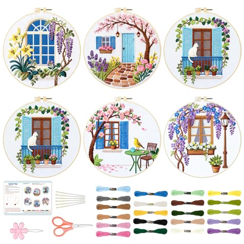 BEUNITONE 6 Set Flowers Embroidery Kit for Beginners Vintage Garden Scene Pre-Stamped Pattern, Needlepoint Kits for Adults Beginners, DIY Handmade Embroidery for Home Decor and Gifts 20x20cm - style: Door Window