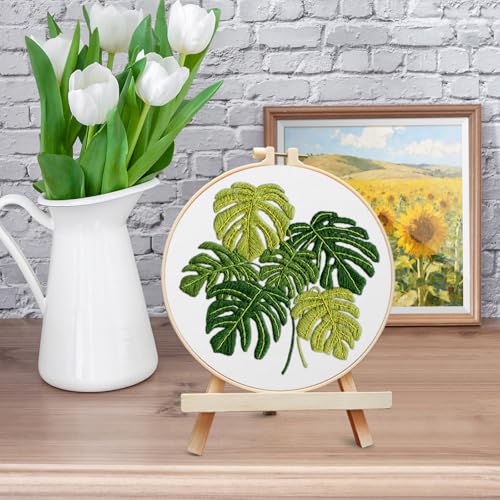ERKOON Embroidery Kit for Beginners Adult, Cross Stitch Set Include Embroidery Cloth Hoop Threads for Craft Lover Hand Stitch with Embroidery Skill Techniques (Leaf) - color: Leaf
