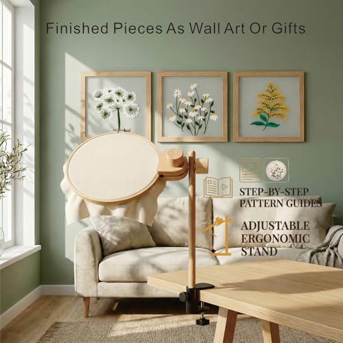 Wooden Adjustable Rotatable Embroidery Hoop Stand, No‑Assembly Holder with Inner Groove Anti‑Slip Design, Bonus Tools: Floral Patterns, Hoops, Scissors, Threader & Floss