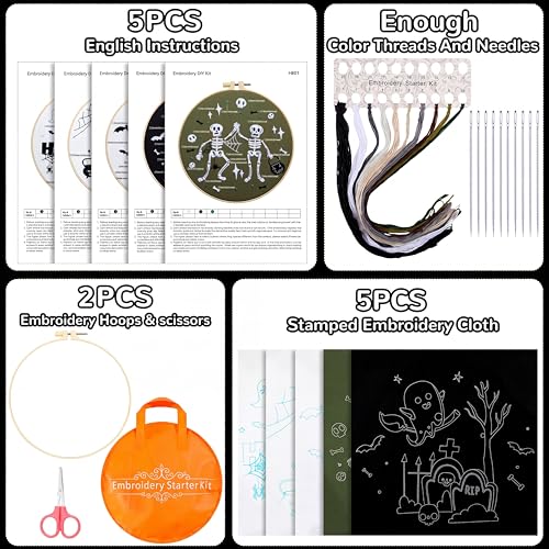 Tigeen 5 Sets Halloween Embroidery Kits for Adult Starter Beginners Ghost Spooky Bat Halloween Stamped Cross Stitch Ornament Kit with Instruction Embroidery Hoop Needle Storage Bag Threads Scissors