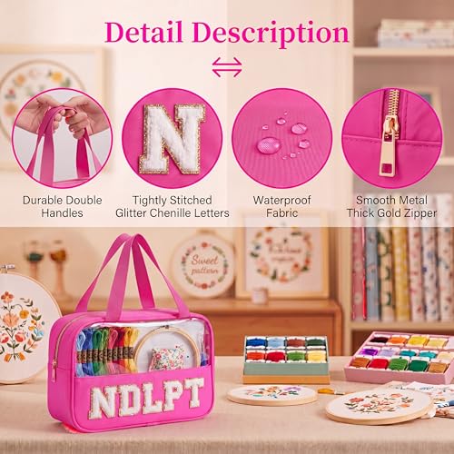 Needlepoint Project Bag Sewing Gifts Embroidery Sewing Bag Craft Storage Organizer NDLPT Clear Zip Pouch Bag - color: Hot Pink, size: Cuboid-L