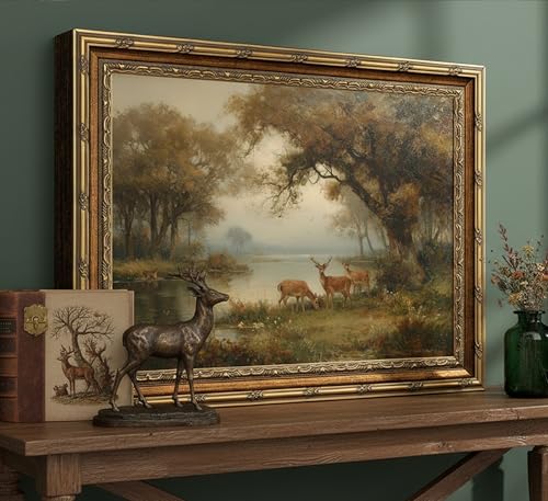 Gold Framed Vintage Forest Deer Canvas Wall Art Farmhouse Cottage Wild Animals Landscape Painting Picture Wall Decor Poster Prints Artwork for Bedroom Office Gallery Home Decoration - color: Wild animals, size: 16"L x 12"W